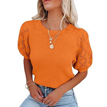 Womens Short Sleeve Sweaters Crewneck Knit Pullover Tops Casual Lightweight Crochet Shirt