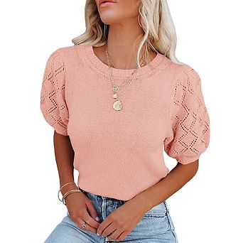 Womens Short Sleeve Sweaters Crewneck Knit Pullover Tops Casual Lightweight Crochet Shirt