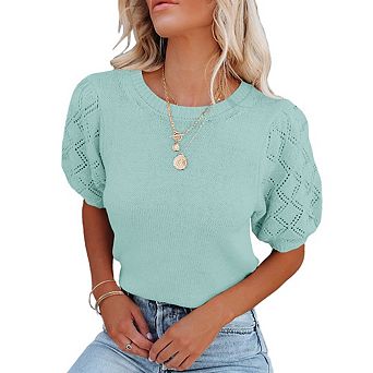 Womens Short Sleeve Sweaters Crewneck Knit Pullover Tops Casual Lightweight Crochet Shirt