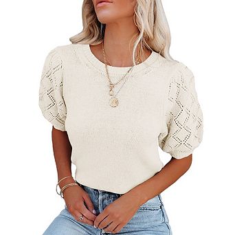 Womens Short Sleeve Sweaters Crewneck Knit Pullover Tops Casual Lightweight Crochet Shirt