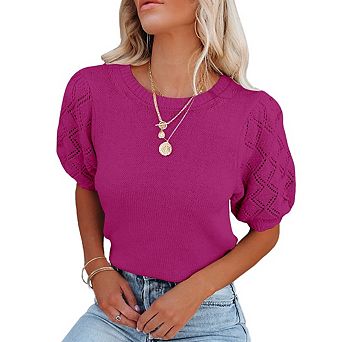 Womens Short Sleeve Sweaters Crewneck Knit Pullover Tops Casual Lightweight Crochet Shirt