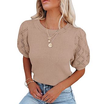 Womens Short Sleeve Sweaters Crewneck Knit Pullover Tops Casual Lightweight Crochet Shirt