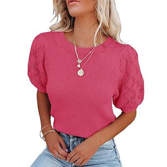 Womens Short Sleeve Sweaters Crewneck Knit Pullover Tops Casual Lightweight Crochet Shirt
