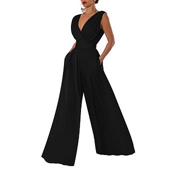 Women's Summer Casual Jumpsuit Sleeveless V-Neck Mid-rise with Pockets Wide Leg Pants One Piece