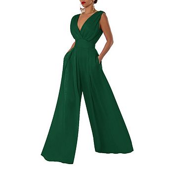 Women's Summer Casual Jumpsuit Sleeveless V-Neck Mid-rise with Pockets Wide Leg Pants One Piece