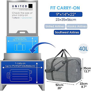 40L Grey 22x14x9 Airline Approved Foldable Carry on Duffle Bag with Strap