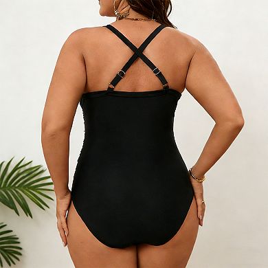 Women's Plus Size One-Piece Swimsuit V Neck Crisscross Back Tummy Control Bathing Suit