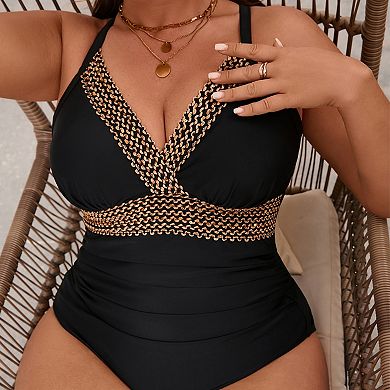 Women's Plus Size One-Piece Swimsuit V Neck Crisscross Back Tummy Control Bathing Suit