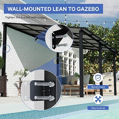 SUNSITT 10x14FT Lean to Gazebo, Wall-Mounted Pergola w/Drainage Holes and Galvanized Iron Top