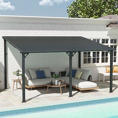 SUNSITT 10x14FT Lean to Gazebo, Wall-Mounted Pergola w/Drainage Holes and Galvanized Iron Top