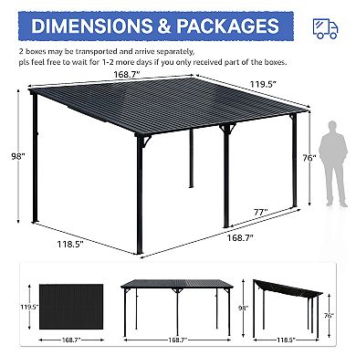 SUNSITT 10x14FT Lean to Gazebo, Wall-Mounted Pergola w/Drainage Holes and Galvanized Iron Top