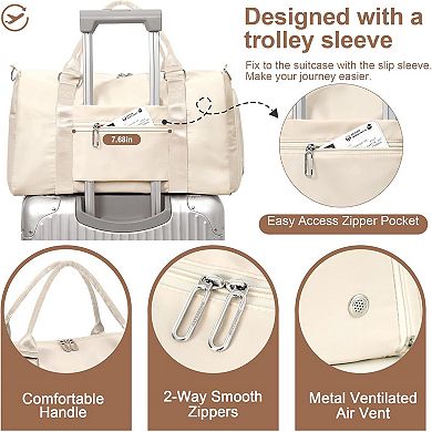 Women's Beige Gym Tote Duffle Bag Wet Pocket Shoe Compartment