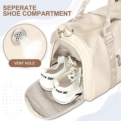 Women's Beige Gym Tote Duffle Bag Wet Pocket Shoe Compartment