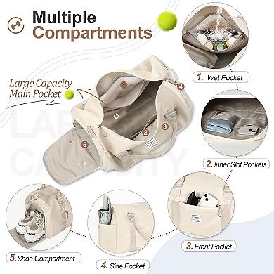 Women's Beige Gym Tote Duffle Bag Wet Pocket Shoe Compartment