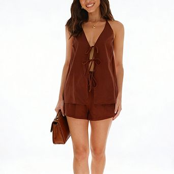 Women's Sleeveless Halter 2 pc Outfit Top & Shorts Set for Casual Set