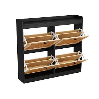 Shoe Storage Cabinet with 4 Flip Drawers, Wood Shoe Cabinet with Rattan Doors