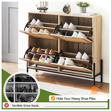 Rattan Shoe Cabinet Organizer with Flip-Drawer Doors, 4-Door Storage with Adjustable Shelves