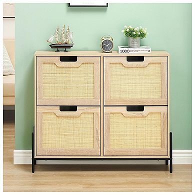 Rattan Shoe Cabinet Organizer with Flip-Drawer Doors, 4-Door Storage with Adjustable Shelves