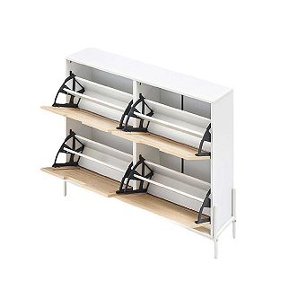 Rattan Shoe Cabinet Organizer with Flip-Drawer Doors, 4-Door Storage with Adjustable Shelves