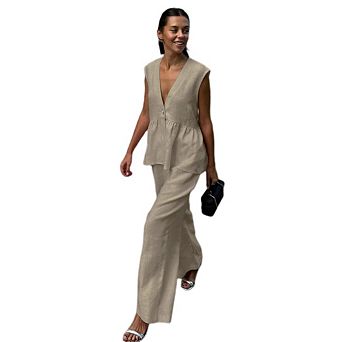 Women Pant Sets 2 pc Outfits Sleeveless V Neck Vest Wide Leg Pants Solid Color Stylish Commute