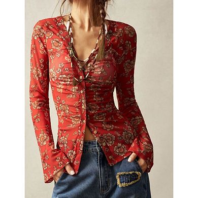 Women's Long Sleeve Shirts Boho Floral Print Vintage Blouses Button Down V Neck Fit Summer Tops