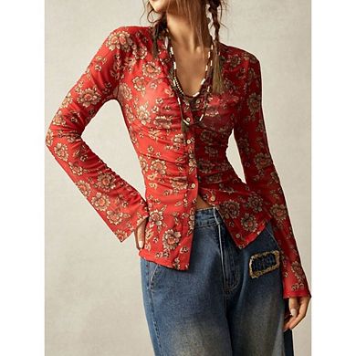 Women's Long Sleeve Shirts Boho Floral Print Vintage Blouses Button Down V Neck Fit Summer Tops