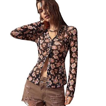Women's Long Sleeve Shirts Boho Floral Print Vintage Blouses Button Down V Neck Fit Summer Tops