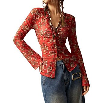Women's Long Sleeve Shirts Boho Floral Print Vintage Blouses Button Down V Neck Fit Summer Tops