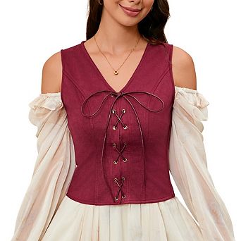 Womens Vintage Lace-Up Vest Tops V-Neck Sleeveless Western Cowgirl Rodeo Bodice