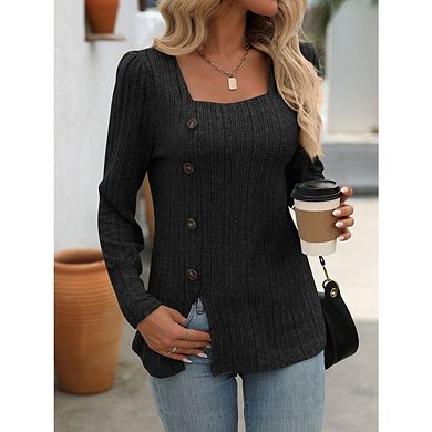 Womens Long Sleeve Ribbed Square Neck Tops with Button Sides Casual Blouses Shirts