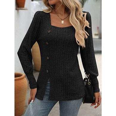 Womens Long Sleeve Ribbed Square Neck Tops with Button Sides Casual Blouses Shirts