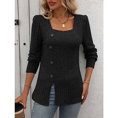 Womens Long Sleeve Ribbed Square Neck Tops with Button Sides Casual Blouses Shirts