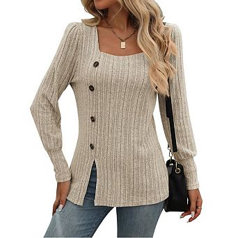 Womens Long Sleeve Ribbed Square Neck Tops with Button Sides Casual Blouses Shirts