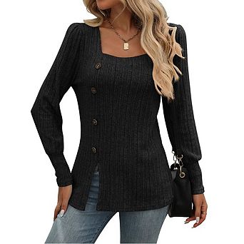 Womens Long Sleeve Ribbed Square Neck Tops with Button Sides Casual Blouses Shirts