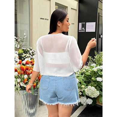 Womens Plus Sheer Chiffon Crop Cardigan Short Sleeve Tie Open Front Shrug Summer Lightweight Tops