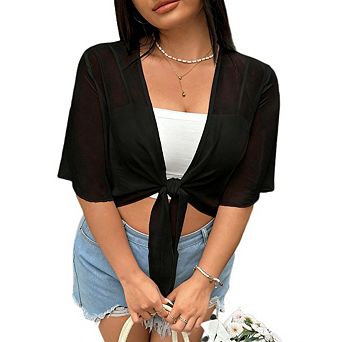 Womens Plus Sheer Chiffon Crop Cardigan Short Sleeve Tie Open Front Shrug Summer Lightweight Tops
