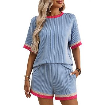 Women 2 pc Sets Summer Cruise Outfits Ribbed Loose Short Sleeve Shorts Pocket Matching Sets