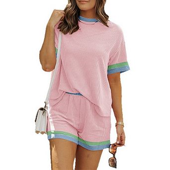 Women 2 pc Sets Summer Cruise Outfits Ribbed Loose Short Sleeve Shorts Pocket Matching Sets