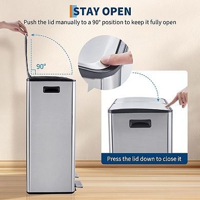 Dual Compartment Stainless Steel Trash & Recycling Bin 16 Gallon (2 x 8 Gal), Step Pedal