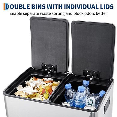 Dual Compartment Stainless Steel Trash & Recycling Bin 16 Gallon (2 x 8 Gal), Step Pedal