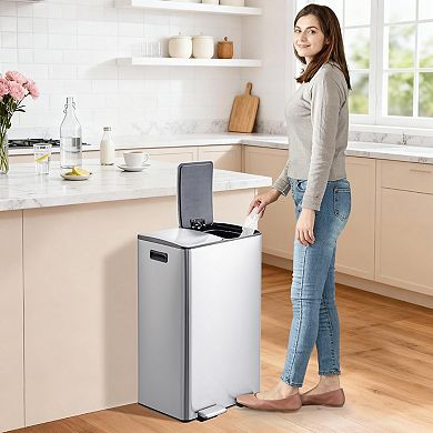 Dual Compartment Stainless Steel Trash & Recycling Bin 16 Gallon (2 x 8 Gal), Step Pedal
