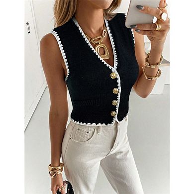 Women's Striped Button Up Cropped Sleeveless V Neck Boho Knitted Vest