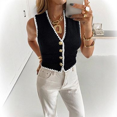 Women's Striped Button Up Cropped Sleeveless V Neck Boho Knitted Vest