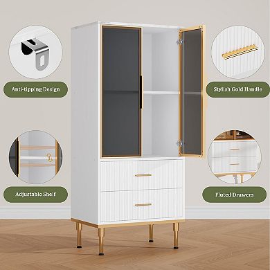 Storage Cabinet With Glass Doors, Sideboard Buffet Cabinet with Fluted Drawers