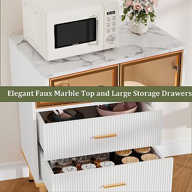 Storage Cabinet With Glass Doors, Sideboard Buffet Cabinet with Fluted Drawers