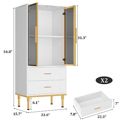Storage Cabinet With Glass Doors, Sideboard Buffet Cabinet with Fluted Drawers