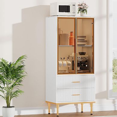 Storage Cabinet With Glass Doors, Sideboard Buffet Cabinet with Fluted Drawers