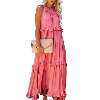 Women's Sleeveless Halter Neck Tiered Flowy Ruffle Long Beach Maxi Sundress