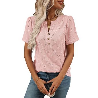 Women's Jacquard Tops Casual V Neck Short Sleeve Hollow Out Blouses Button Henley Shirts