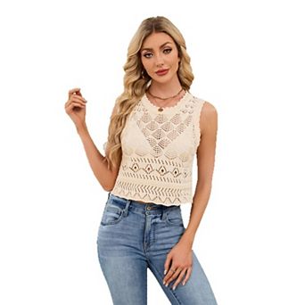 Womens Crochet Knit Vest Sleeveless Crop Top Hollow Out Beach Summer Crochet Pullover Sweater